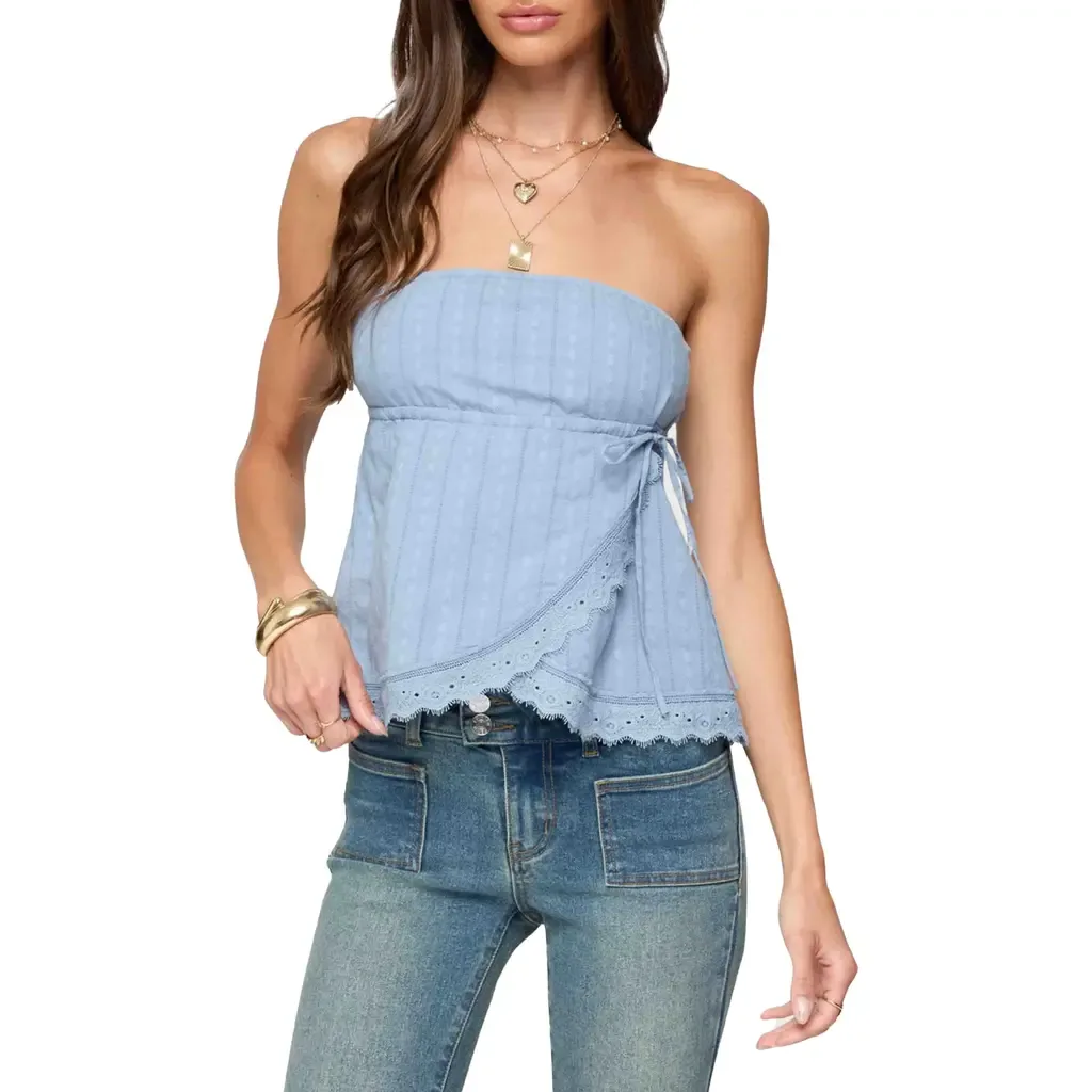 Narnie Strapless Faux Wrap Top by EDIKTED