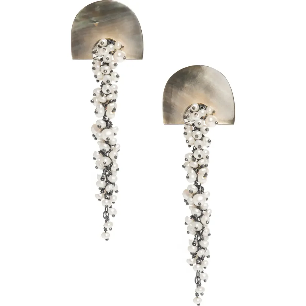 Hakuro Mother of Pearl and Pearl Long Drops by Freya Rose