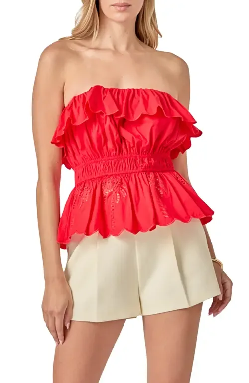 Embroidered Ruffle Strapless Top by English Factory