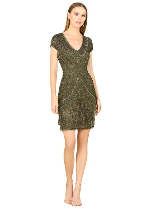 Brooklyn Beaded Fitted Short Dress with Open Back by LARA New York
