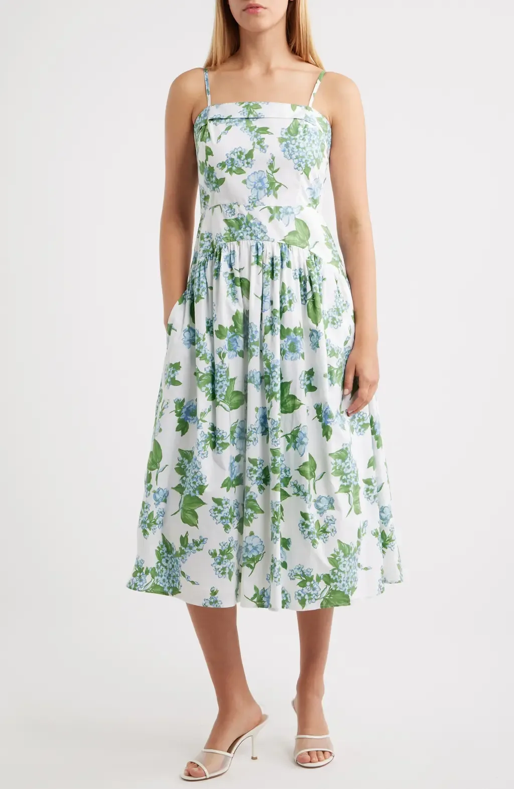Floral Fold Over Neck Drop Waist Cotton Midi Sundress