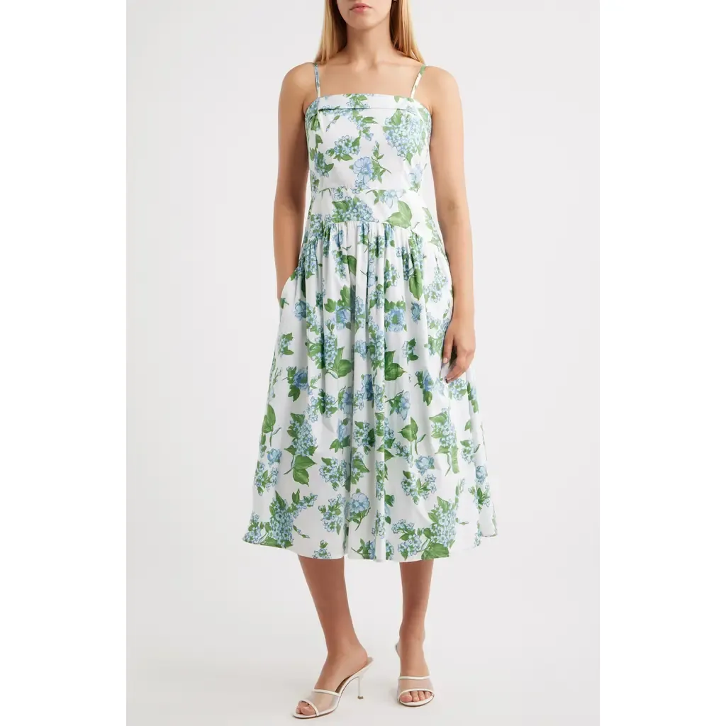 Floral Fold Over Neck Drop Waist Cotton Midi Sundress by CeCe