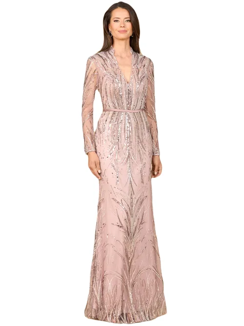 Mandarin V-Neck Gown with Long Sleeves by LARA New York