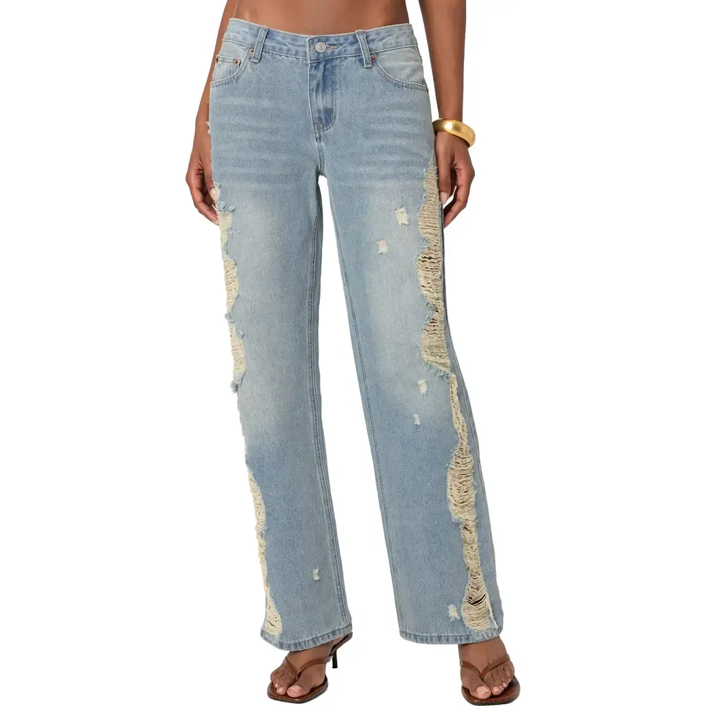 Distressed Side Washed Wide Leg Jeans by EDIKTED