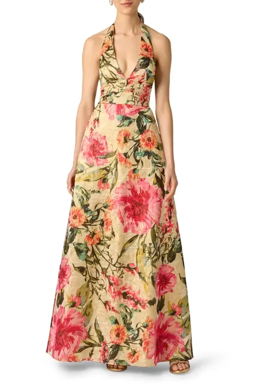 Metallic Floral Jacquard Halter Neck Gown by Aidan Mattox