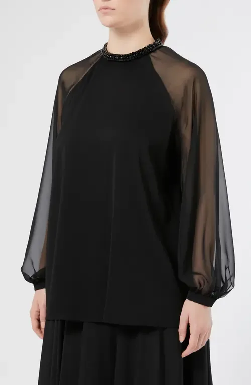 Cambusa Bead Neckline Sheer Sleeve Cady Top by Marina Rinaldi