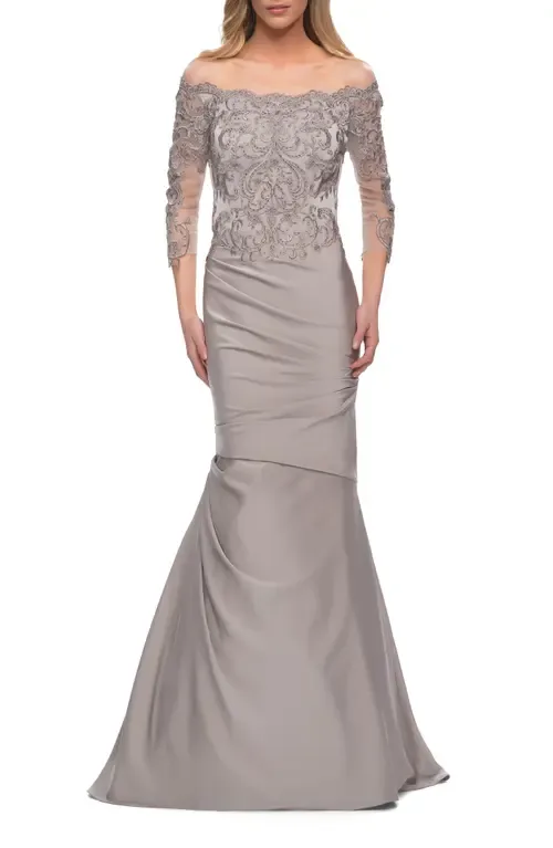 Satin Mermaid Gown with Off the Shoulder Lace Bodice by La Femme