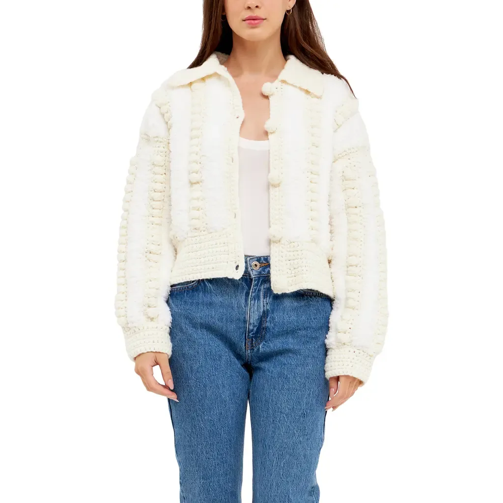 Premium Mixed Yarn Pompom Cardigan by English Factory