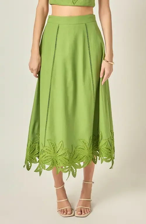 Palm Tree Embroidered Midi Skirt by English Factory