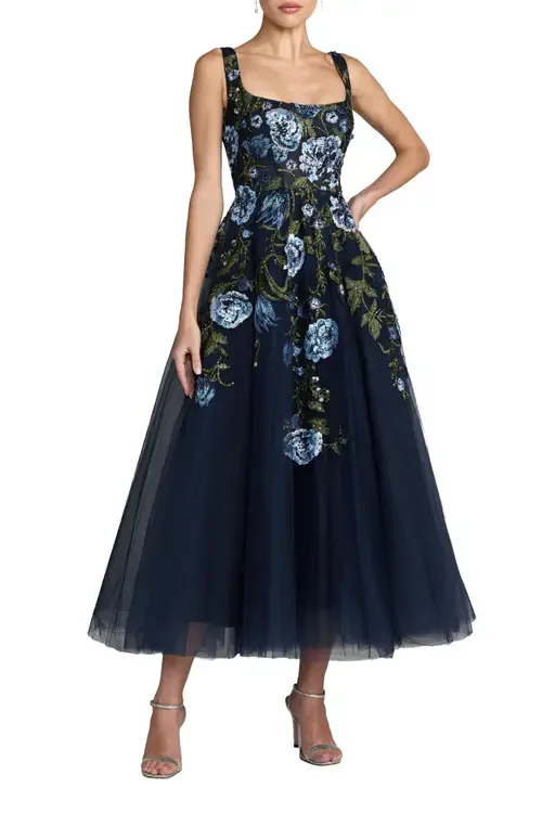 Square Neck Embroidered A-Line Midi Dress
