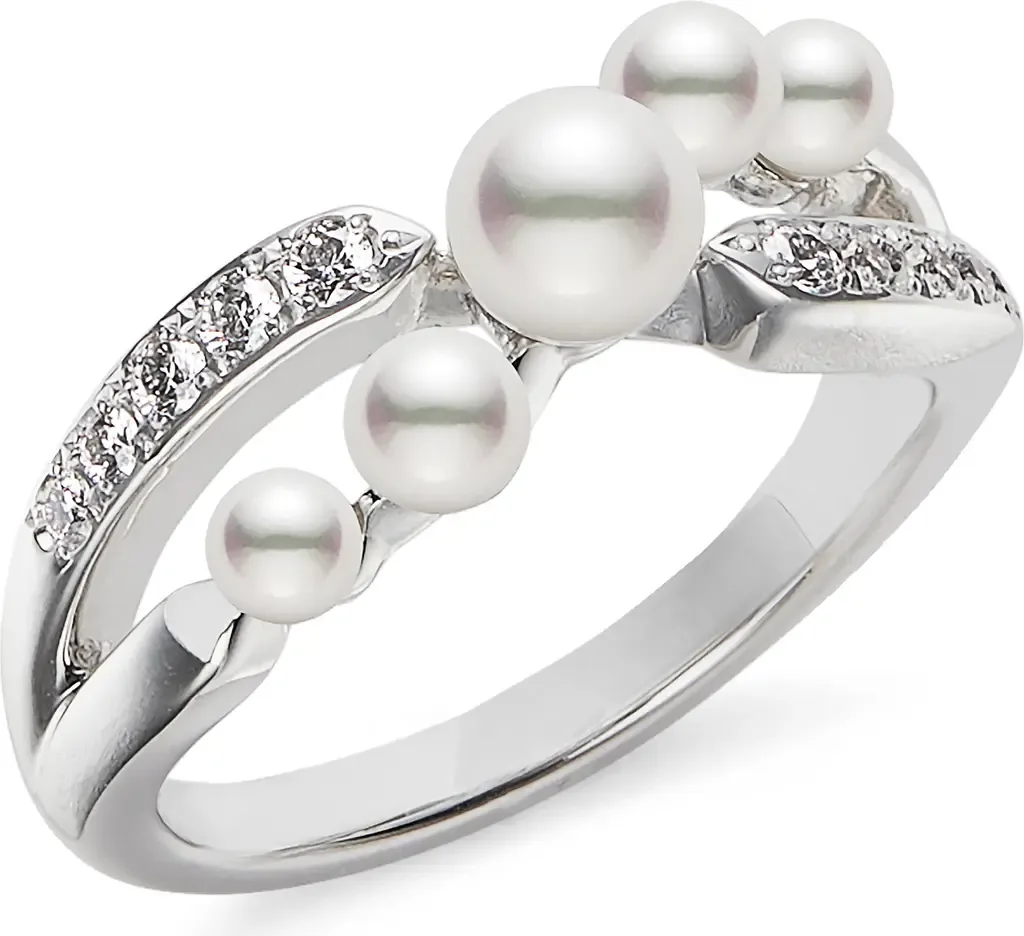 Cluster Cultured Pearl & Diamond Ring in White Gold/Diamond by Mikimoto