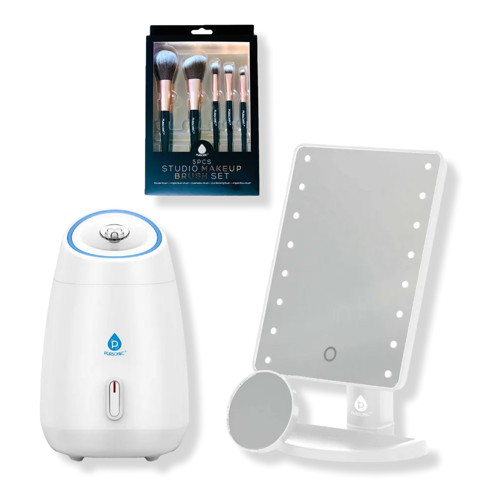 LED Vanity Mirror, Facial Steamer & 5-Piece Brush Set by PURSONIC