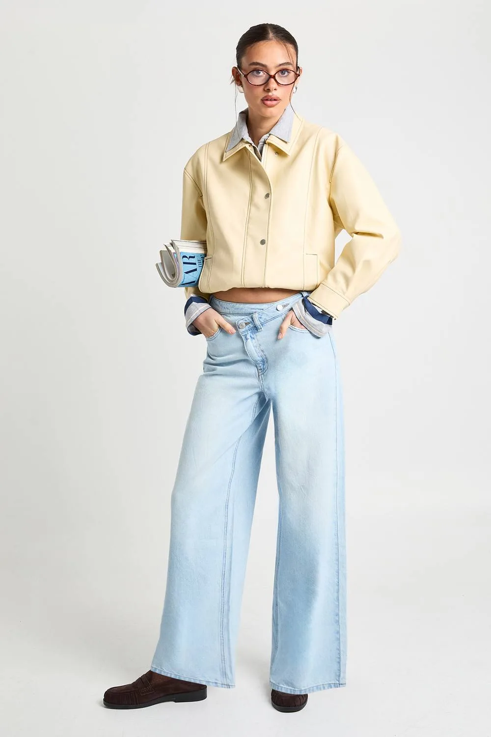 High Waist Crossover Waistband Wide Leg Jean by boohoo