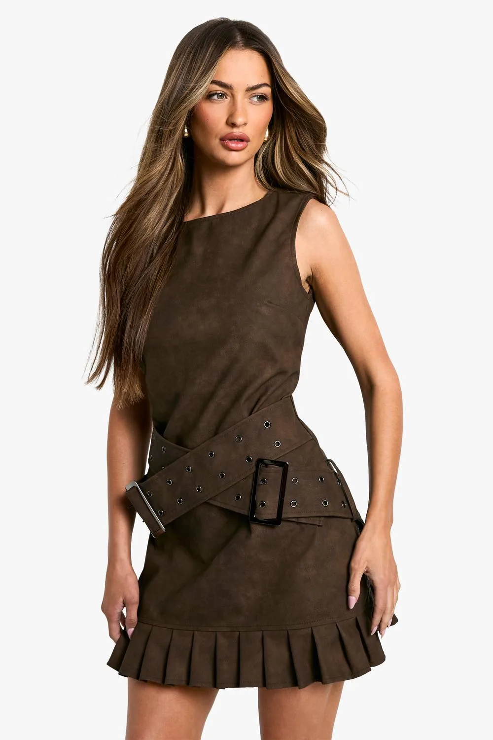 Faux Leather Double Belt Mini Dress by boohoo