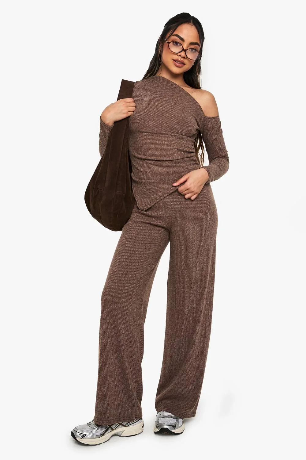 Rib Wide Leg Trouser by boohoo