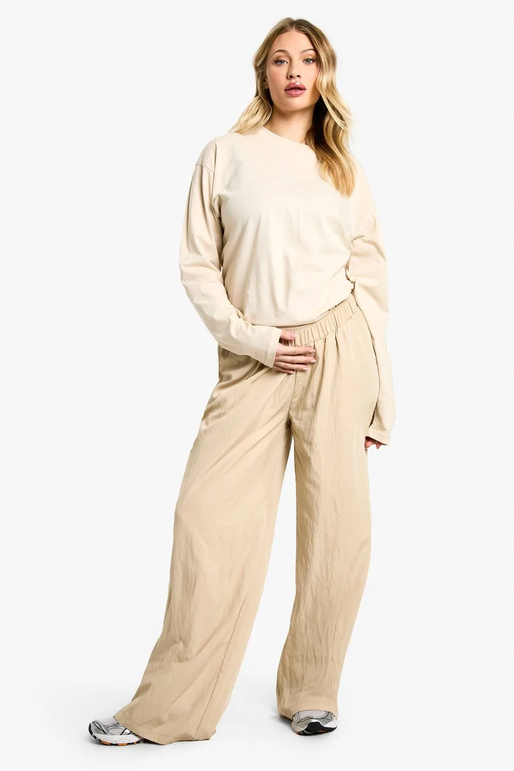 Nylon Elastic Wide Leg Trouser - Stone by boohoo