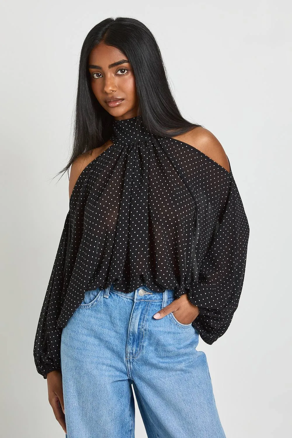 Polka Dot Chiffon Cold Shoulder Volume Sleeve Blouse by boohoo