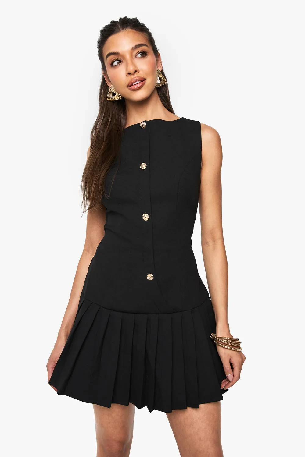 Dropped Waist Pleated Mini Dress by boohoo