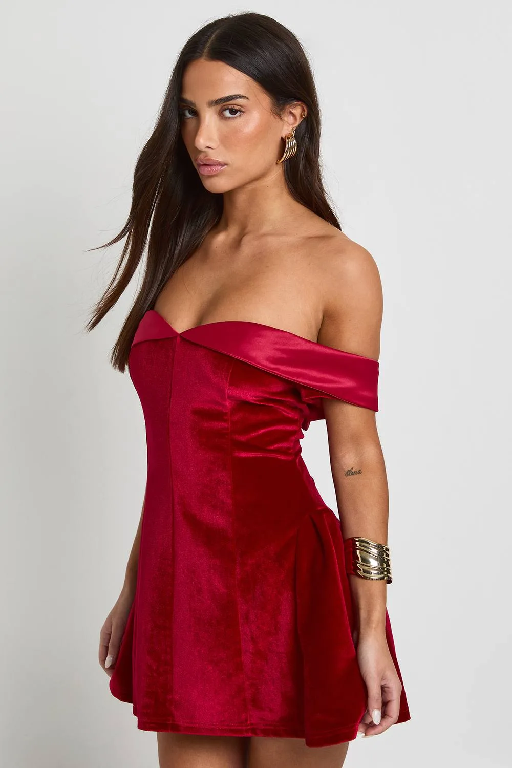 Velvet Bardot Mini Dress by boohoo
