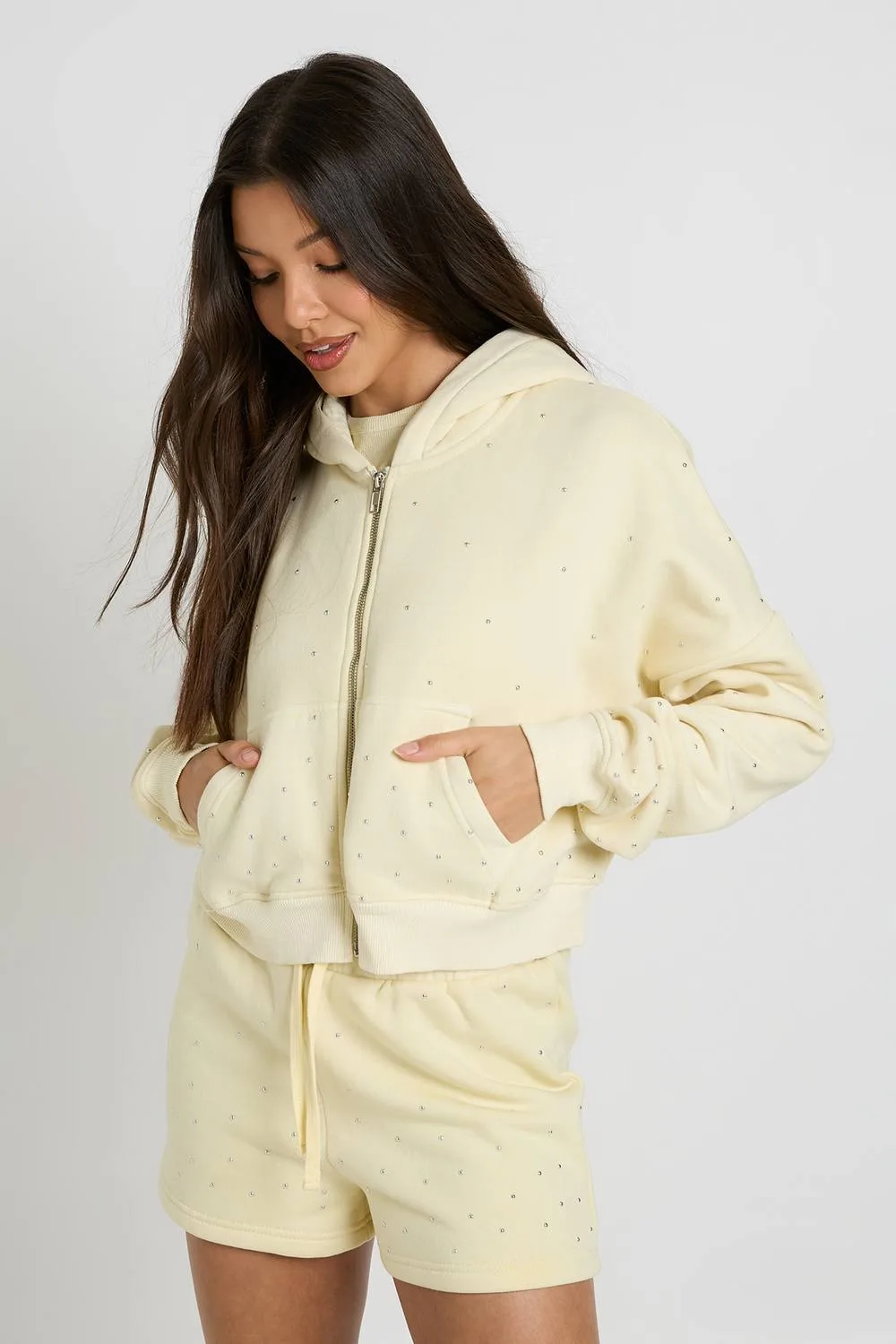 Washed Studded Zip Through Boxy Hoodie by boohoo