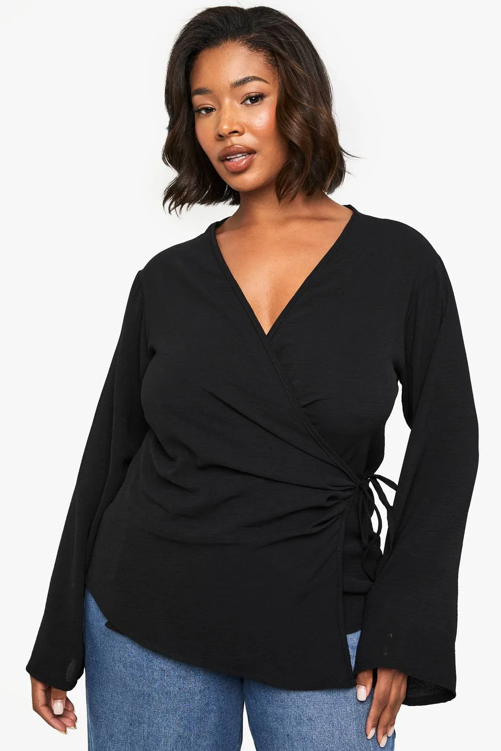 Long Sleeve Asymetric Tie Front Shirt by boohoo