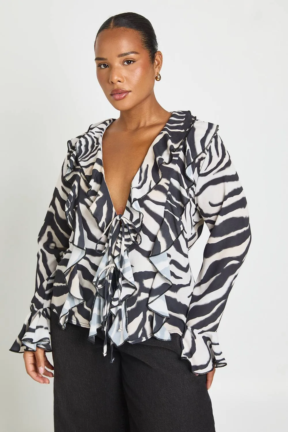 Zebratie Front Ruffle Blouse by boohoo