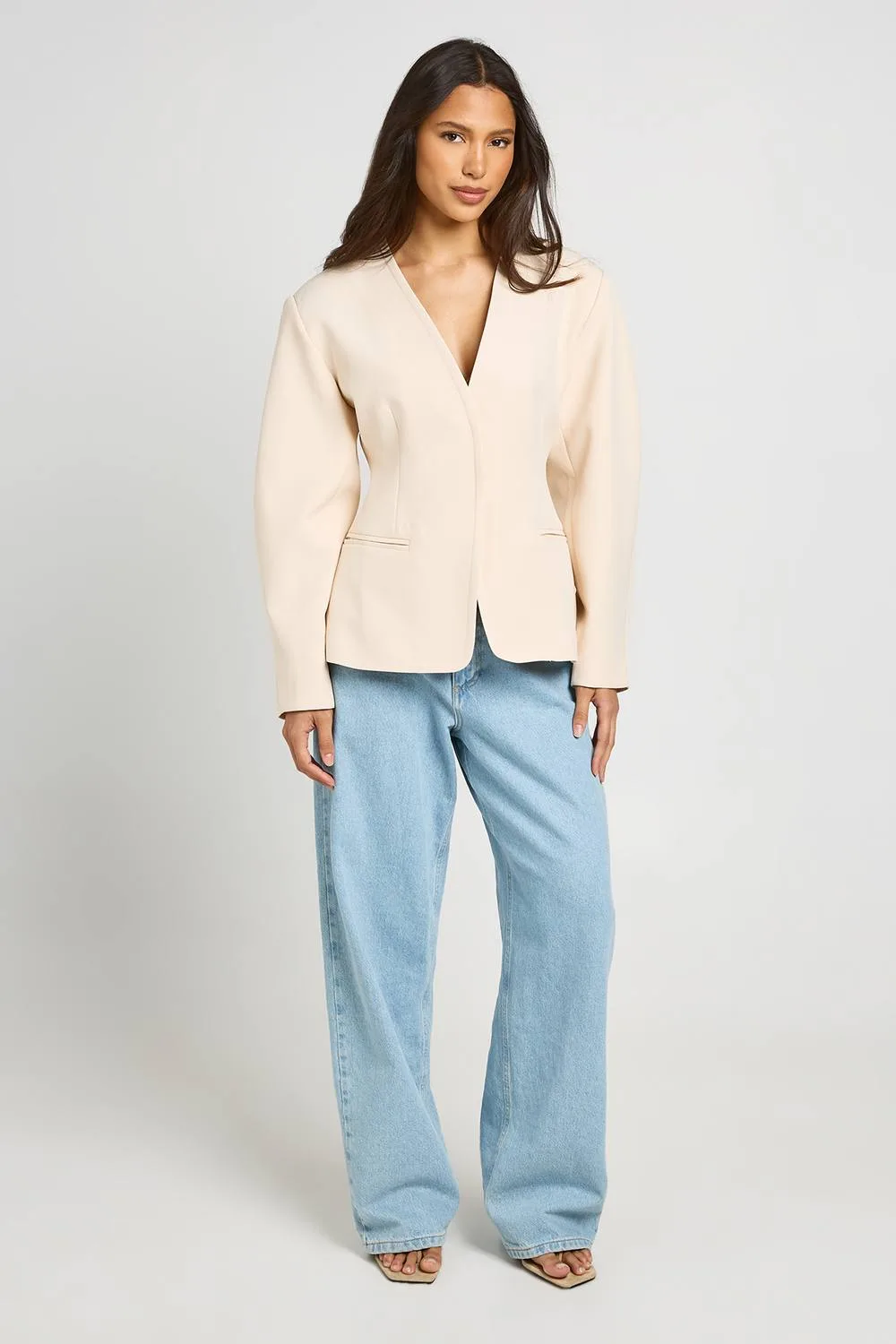 Collarless Cinched Barrel Sleeve Blazer by boohoo