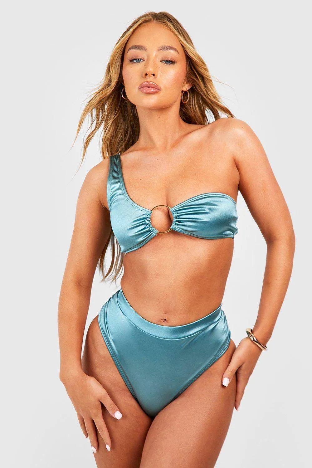 Satin O-Ring One Shoulder Bikini Top by boohoo