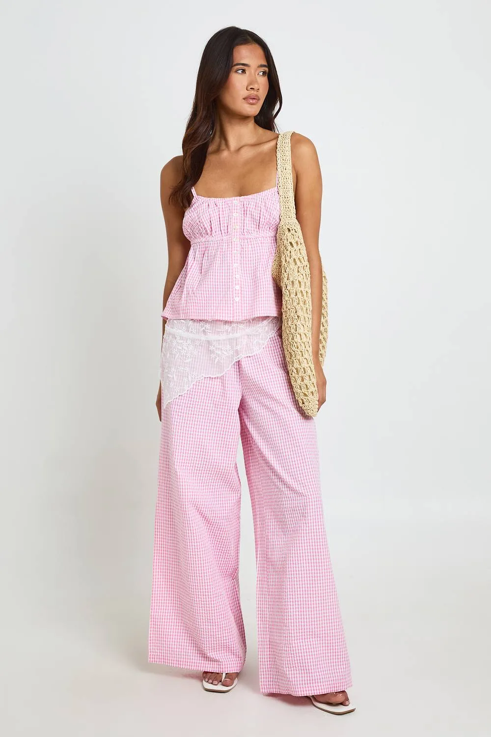 Gingham Button Through Cami & Wide Leg Trouser Co-Ord by boohoo