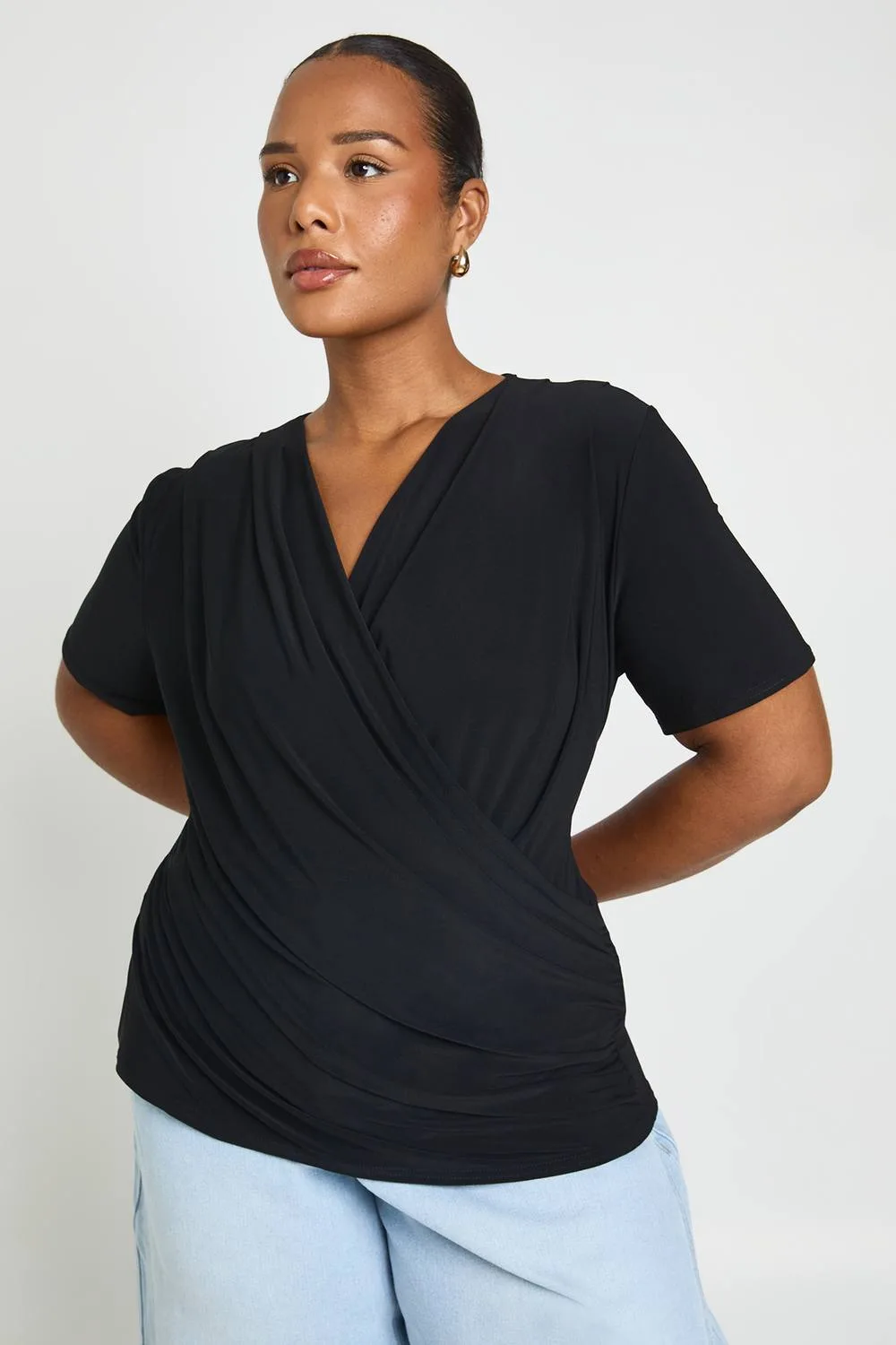 Double Layer Slinky Super Cowl Neck Short Sleeve Ruched Top