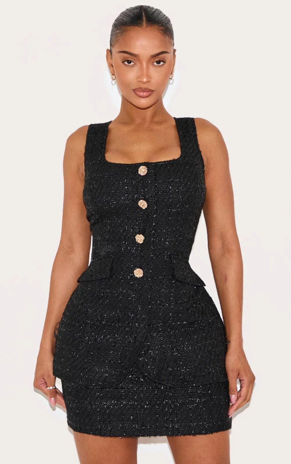 Boucle Square Neck Layered Hammered Button Mini Dress by PrettyLittleThing