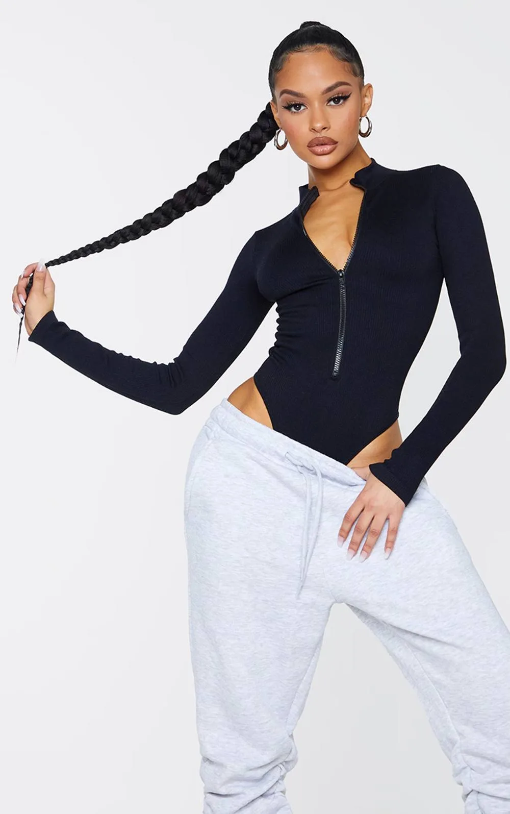 Basic Contour Rib Zip Up Long Sleeve Bodysuit by PrettyLittleThing