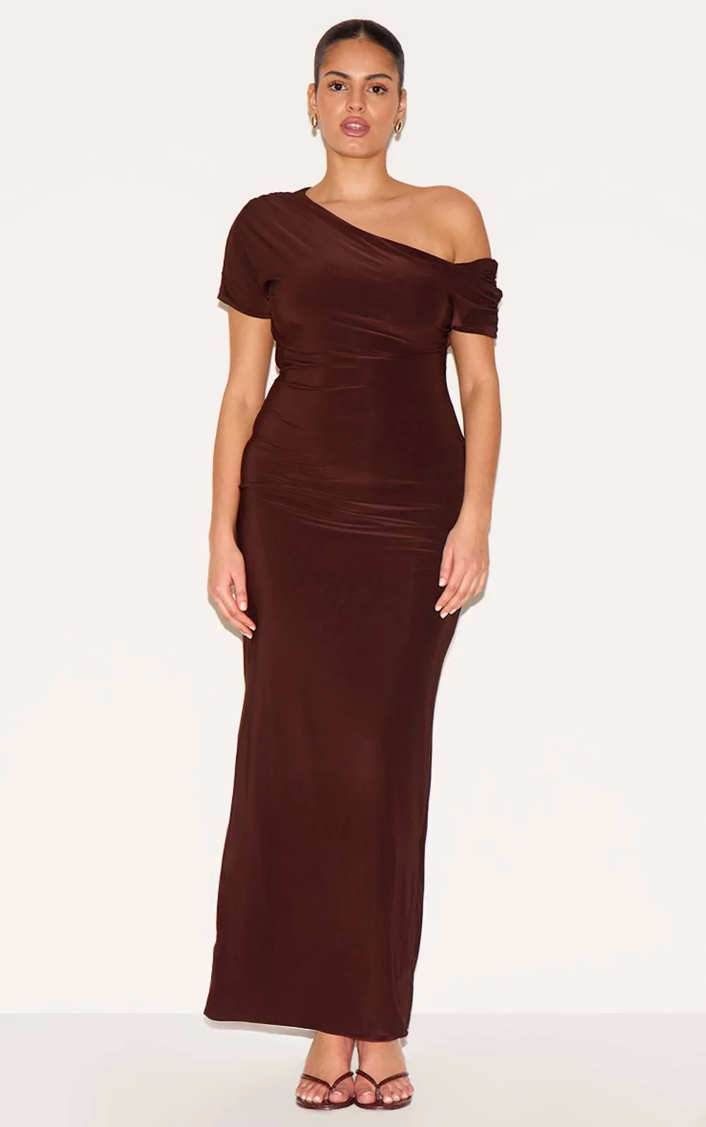 Double Layer Slinky Asymmetric Ruched Sleeve Maxi Dress