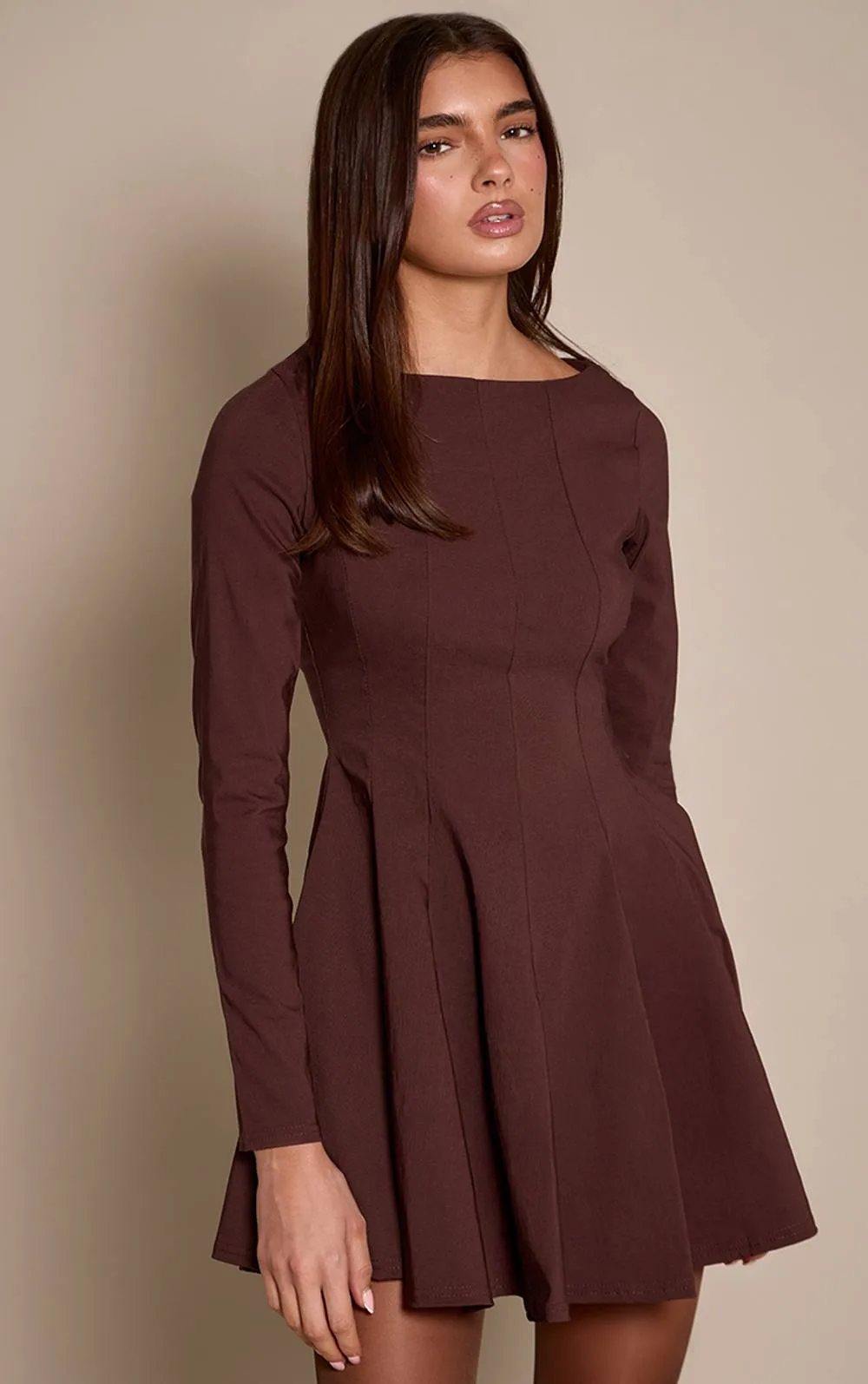 Stretch Woven Boat Neck Long Sleeve Pleated Shift Dress