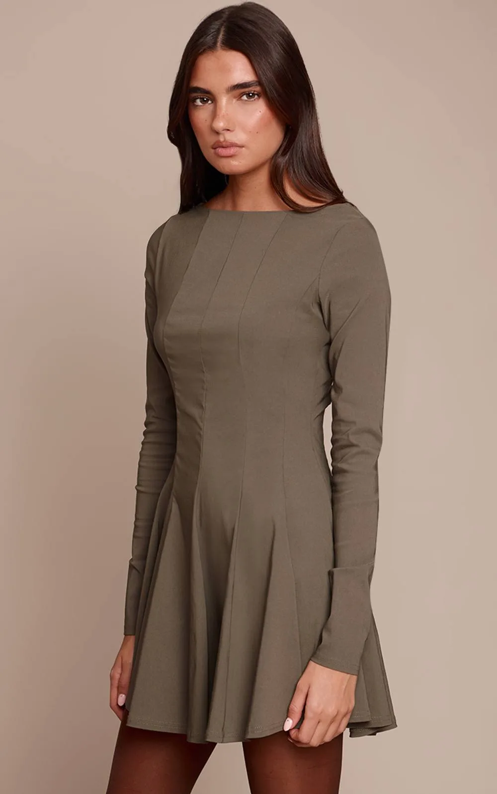 Stretch Woven Boat Neck Long Sleeve Pleated Shift Dress by PrettyLittleThing