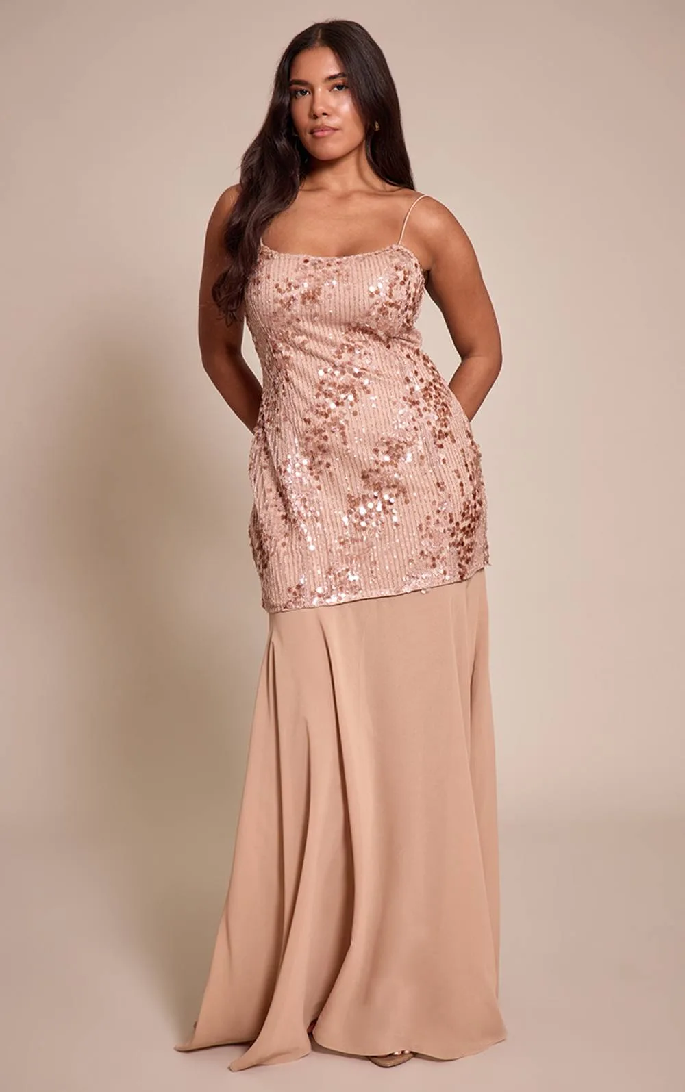 Tonal Sequin Dropped Hem Maxi Dress