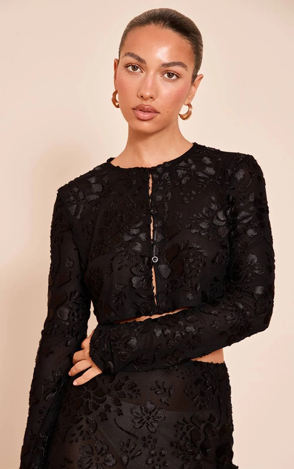 Floral Sheer Button Cropped Top Co-Ord
