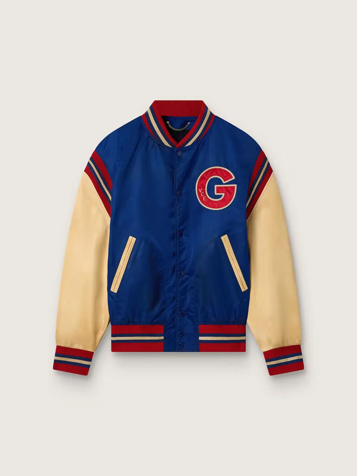 Varsity Bomber Jacket with Beige Leather Sleeves by Golden Goose