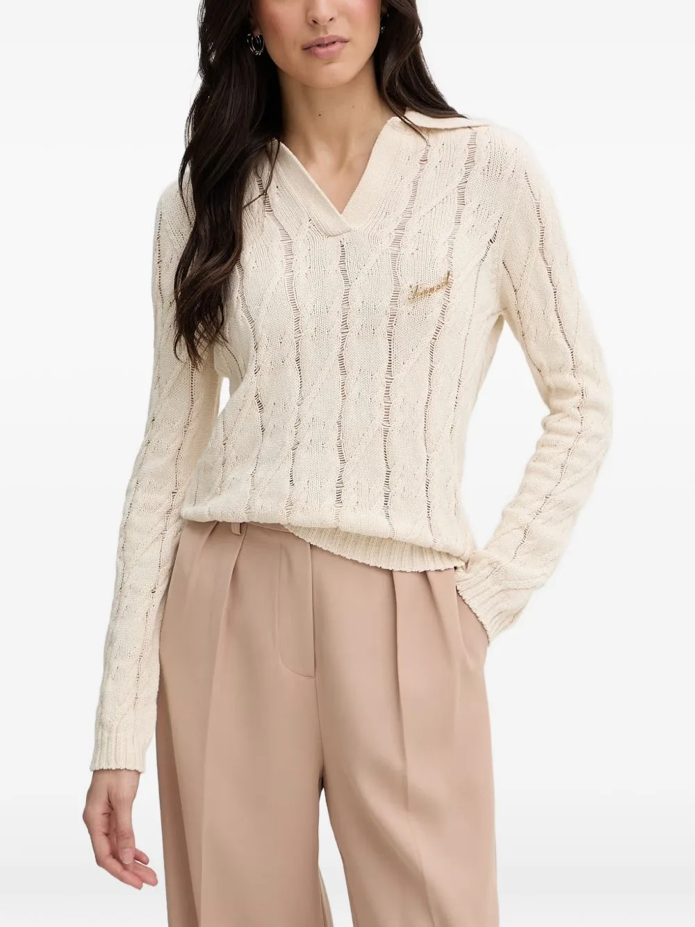 Polo Collar Cable Knit Jumper with Brooch by TWINSET
