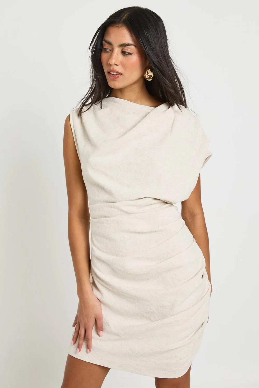 Linen Look Drape Ruched Mini Dress by boohoo