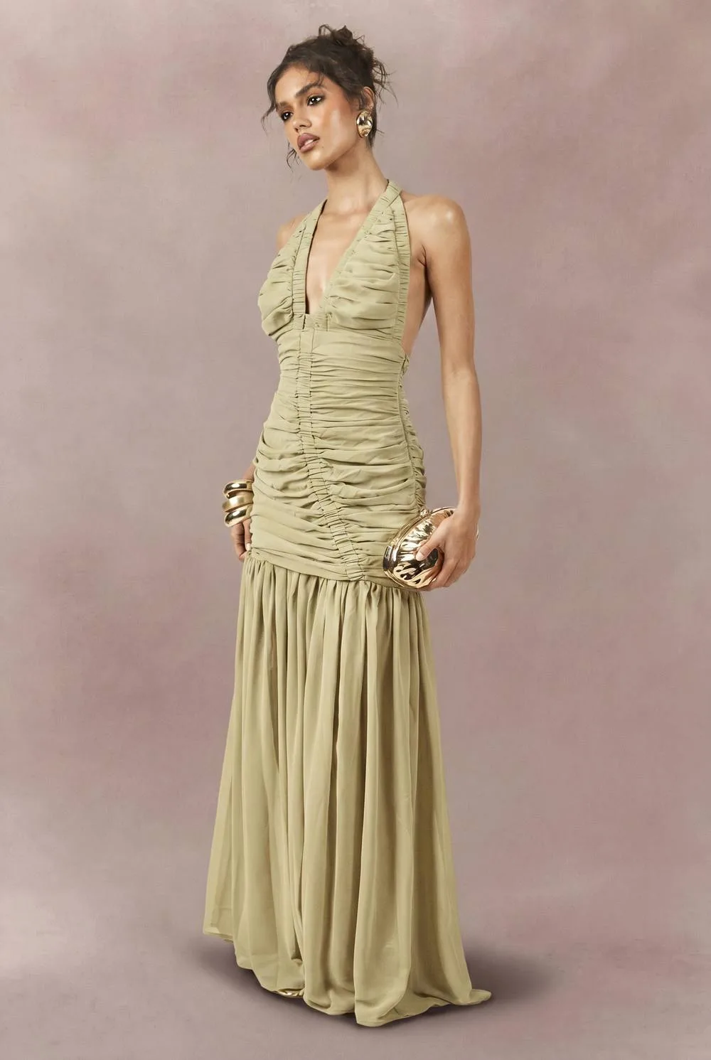 Chiffon Extreme Ruched Plunge Front Maxi Dress by boohoo