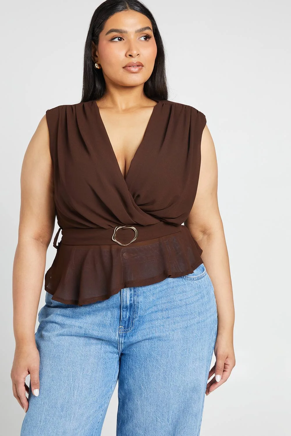 V Plunge Trim Tie Belt Peplum Top by boohoo