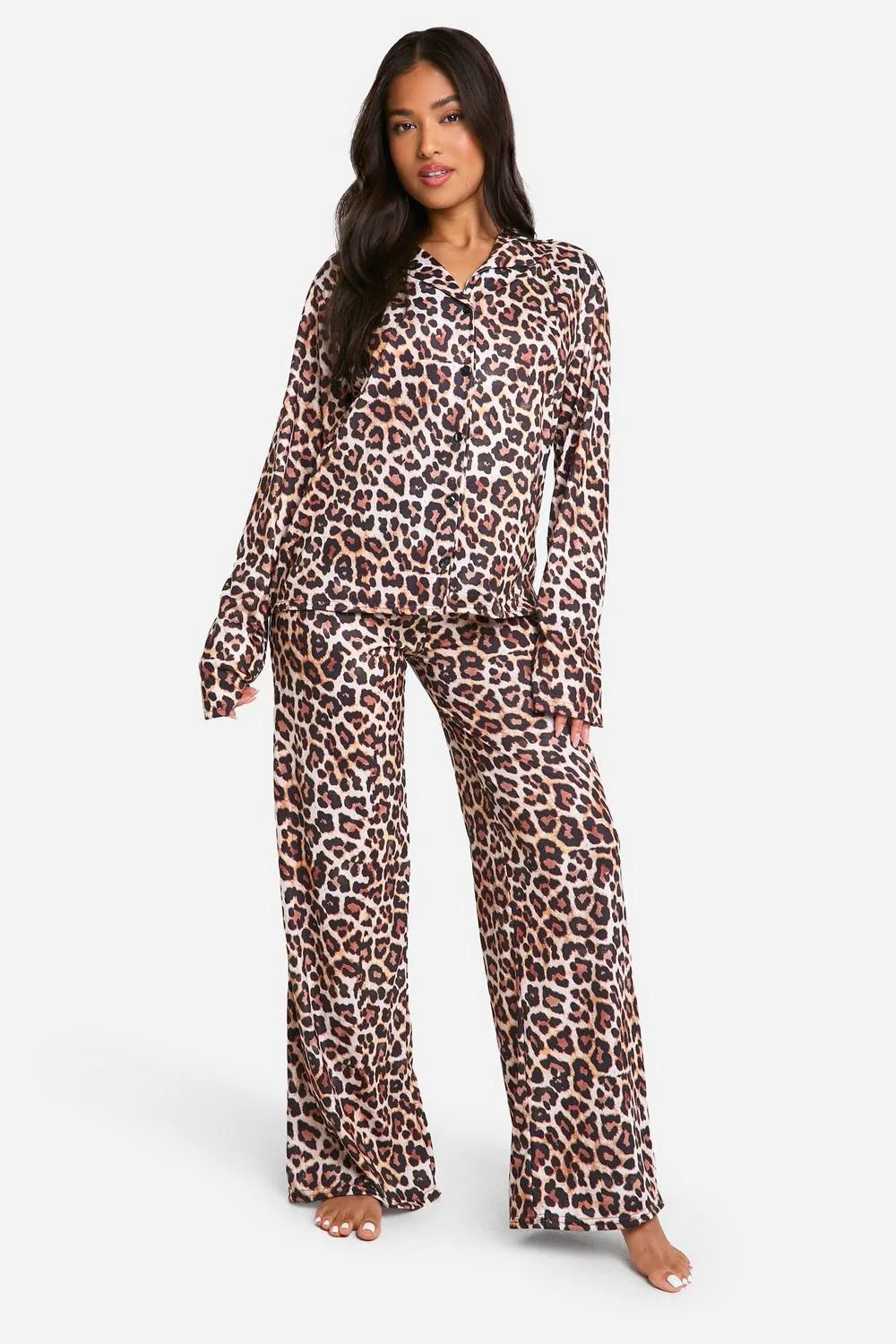 Leopard Print Long Sleeve Shirt & Trousers Pyjama Set by boohoo