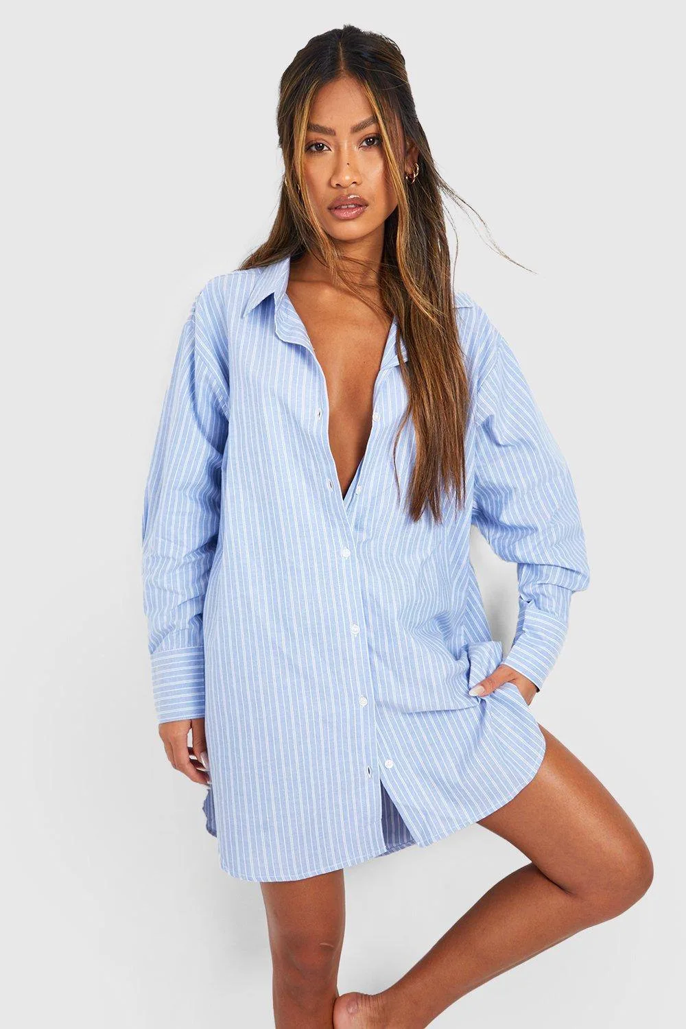 Cotton Stripe Oversized Pyjama Night Shirt by boohoo