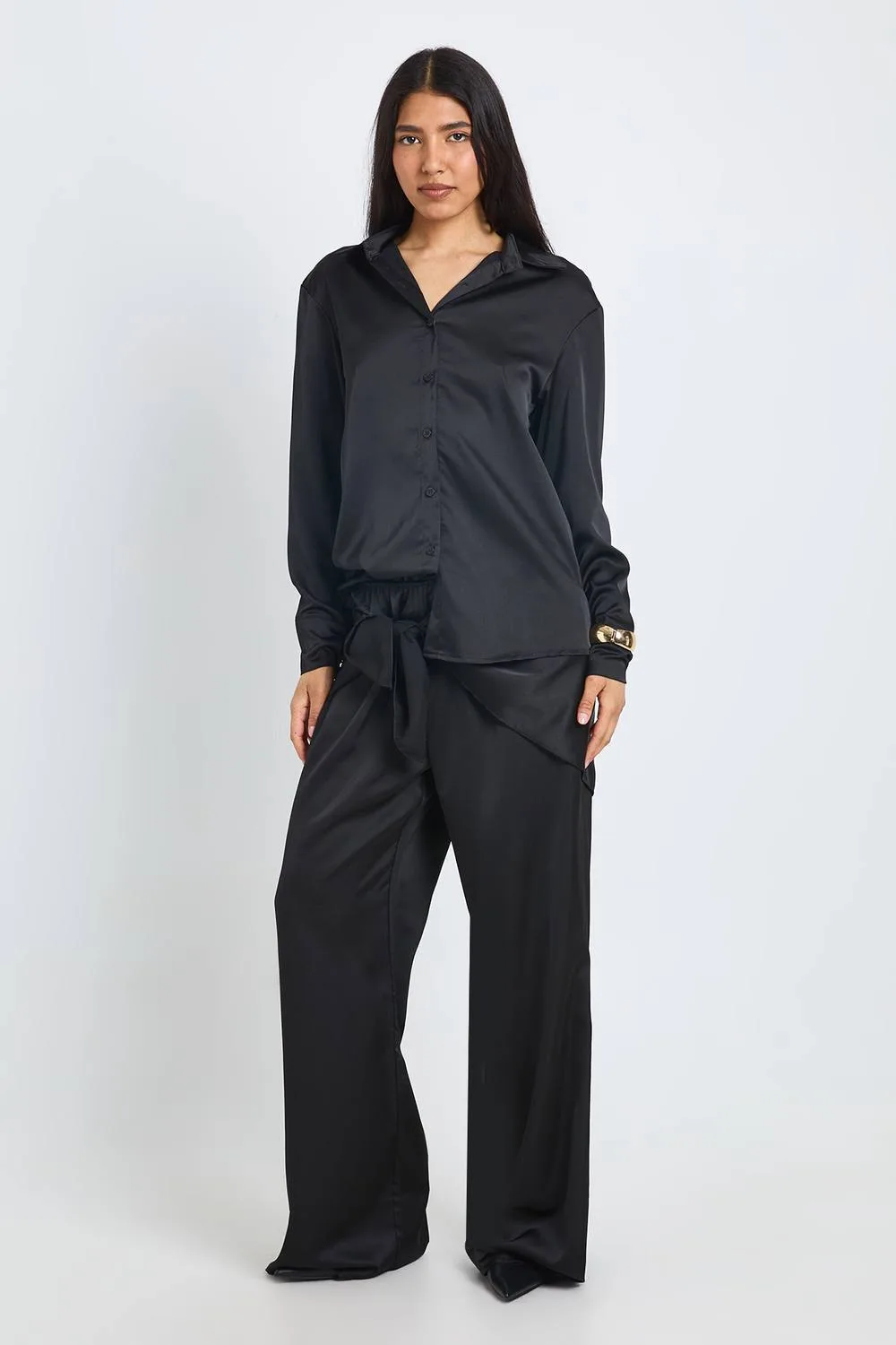 Satin Shirt Trouser Co-Ord with Tie Waist by boohoo