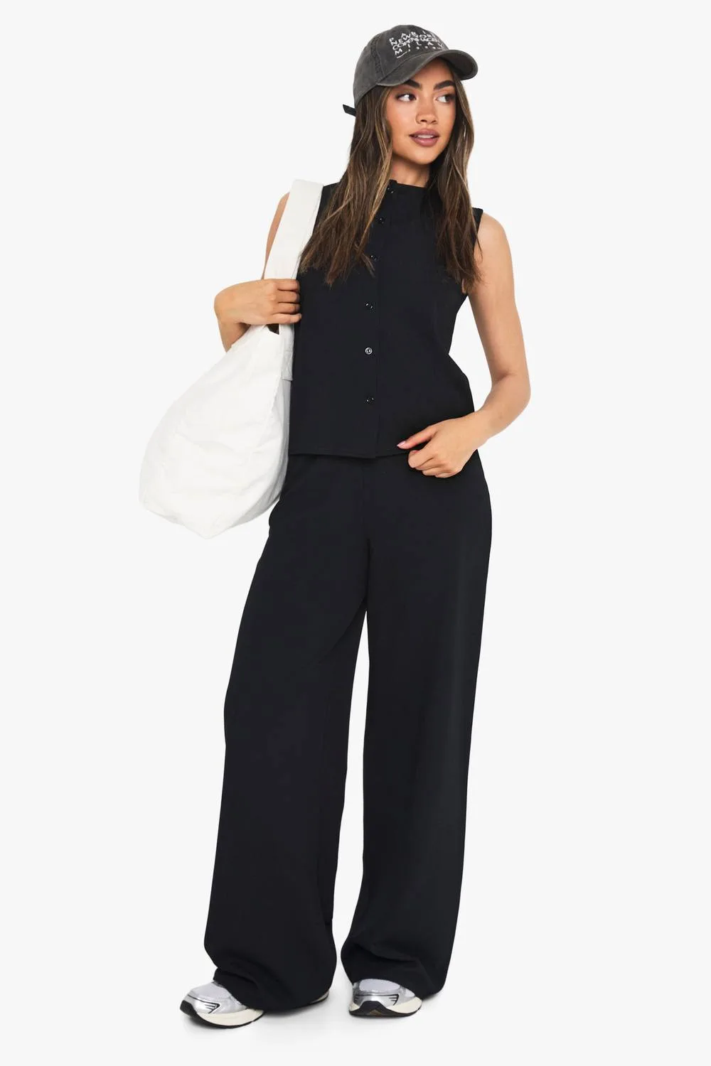Crinkle Rib Button Through Sleeveless Top & Trouser Set by boohoo