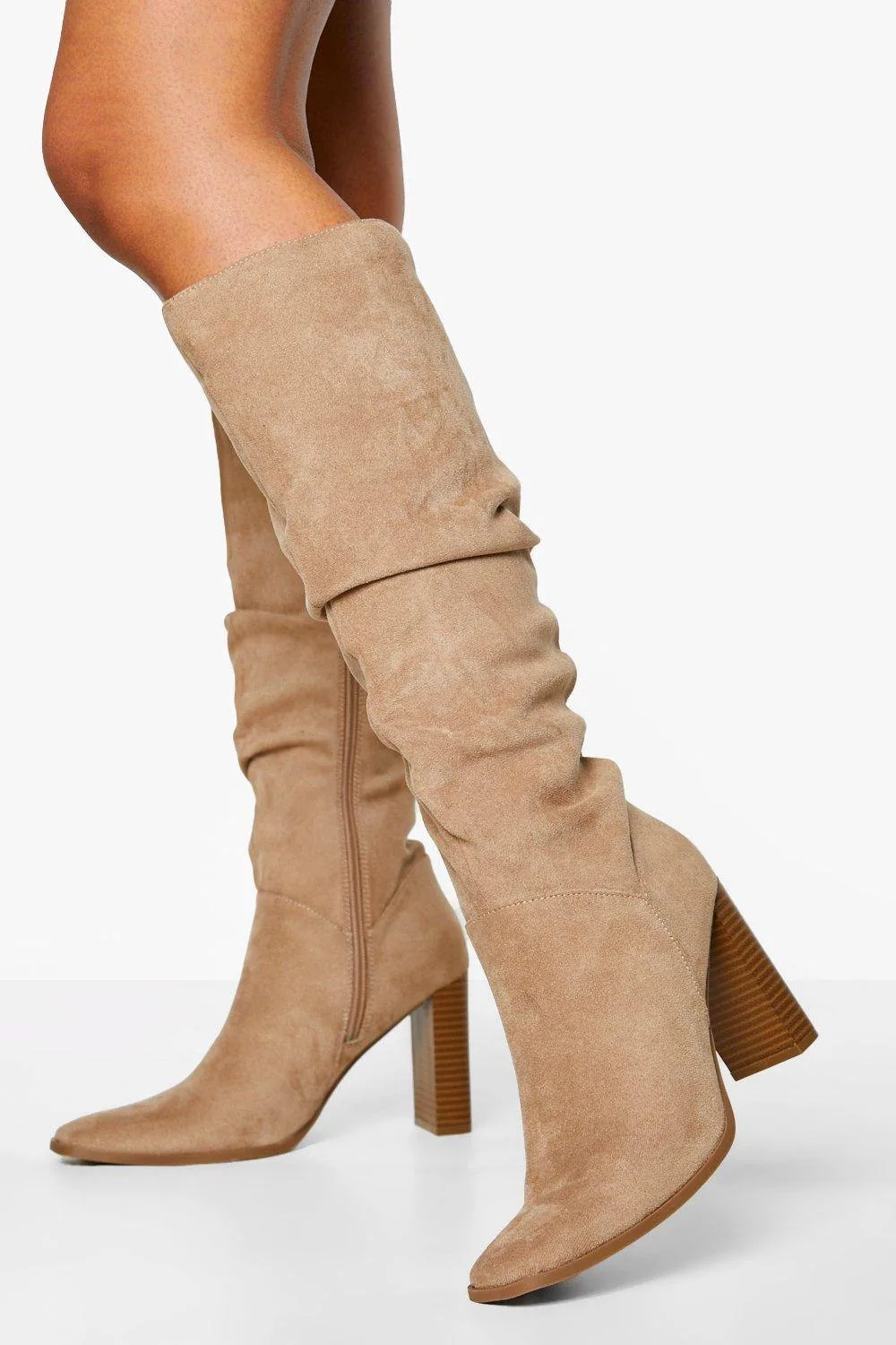 Faux Suede Ruched Block Heel Knee High Boot by boohoo