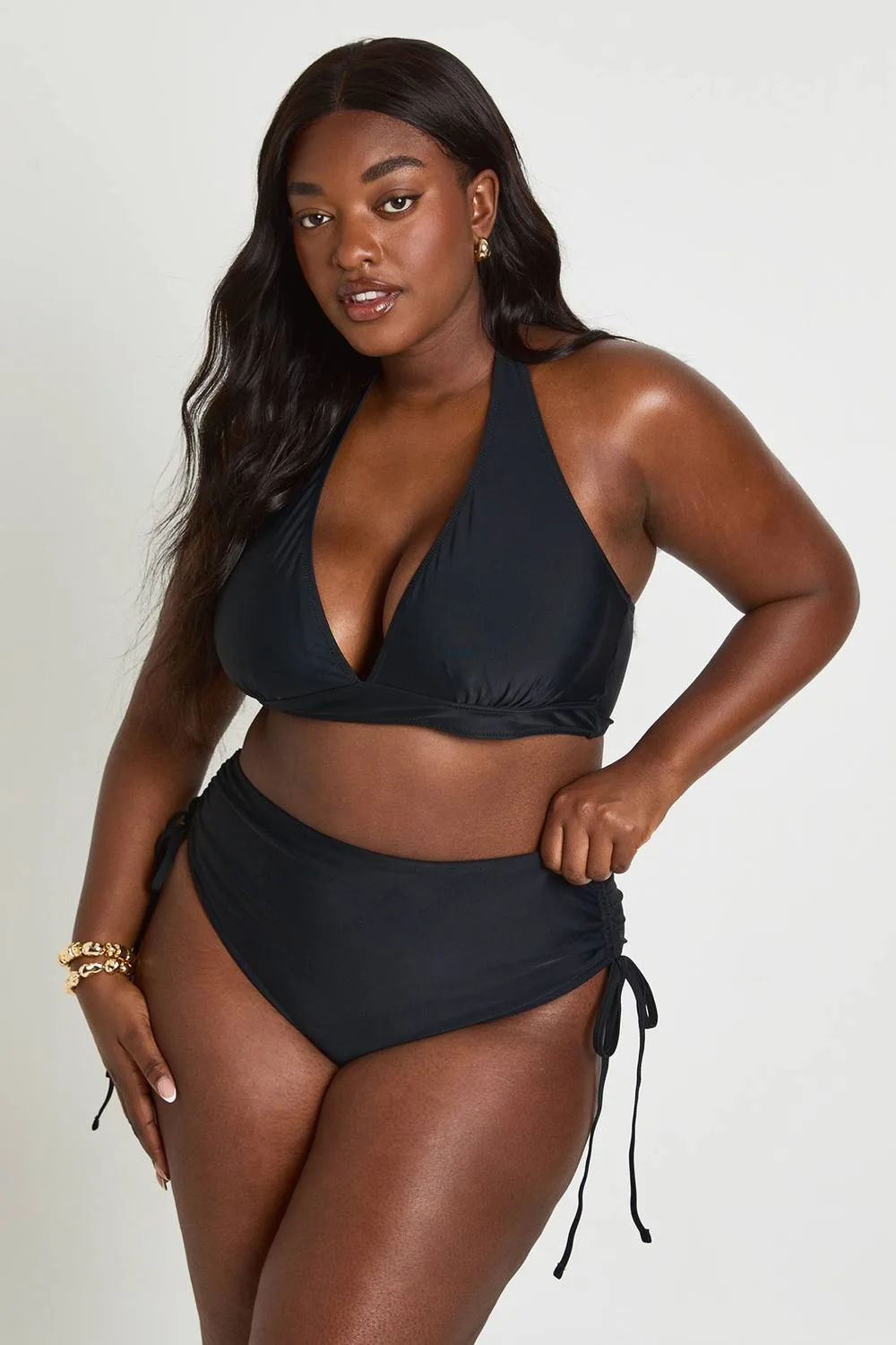 Tummy Control Ruched High Waist Bikini Bottom by boohoo