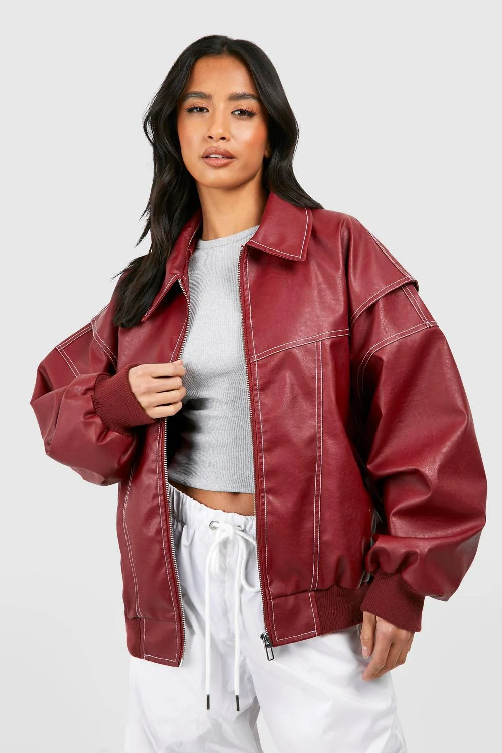 Pu Contrast Stitch Oversized Bomber Jacket by boohoo
