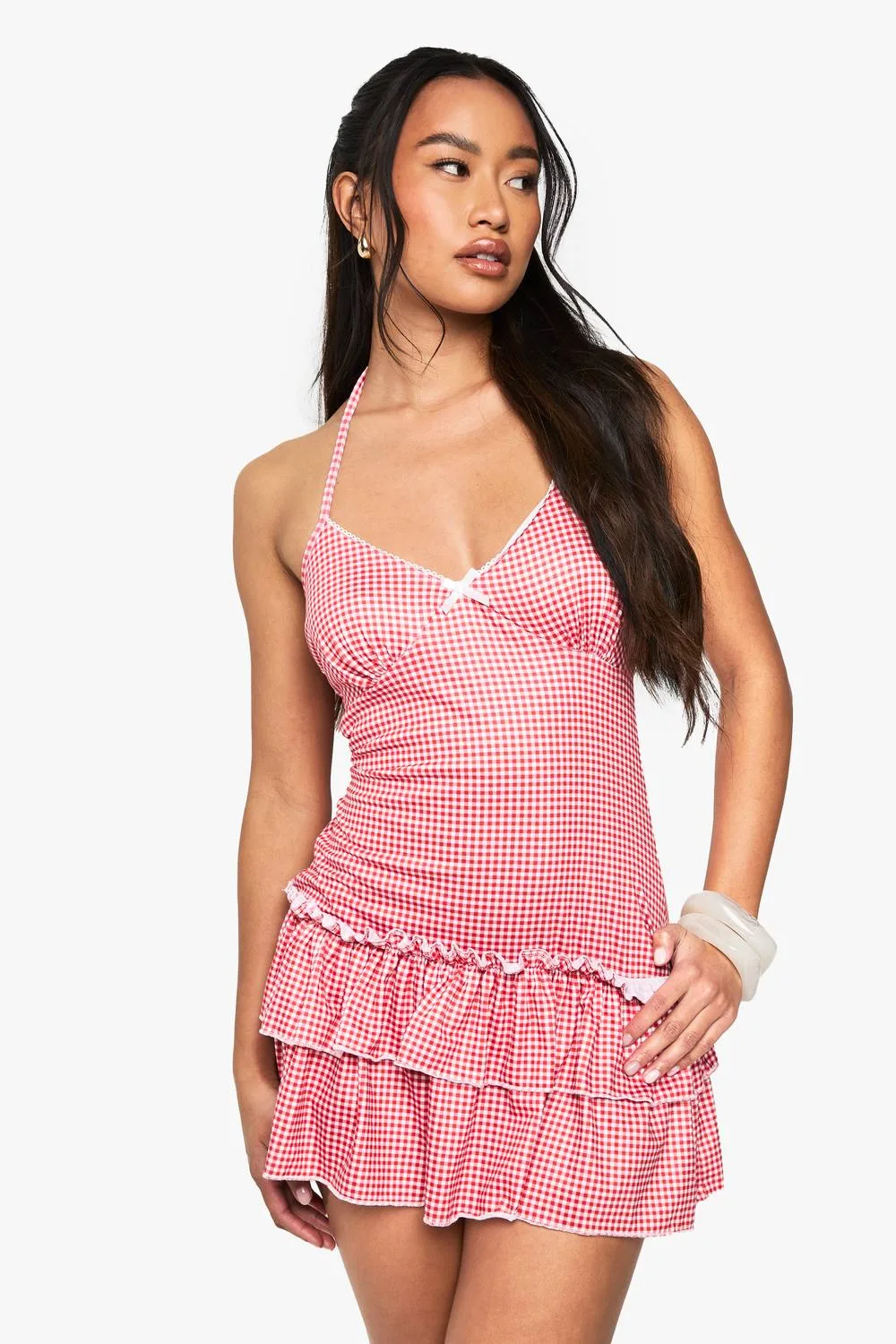 Gingham Strappy Tiered Mini Dress by boohoo